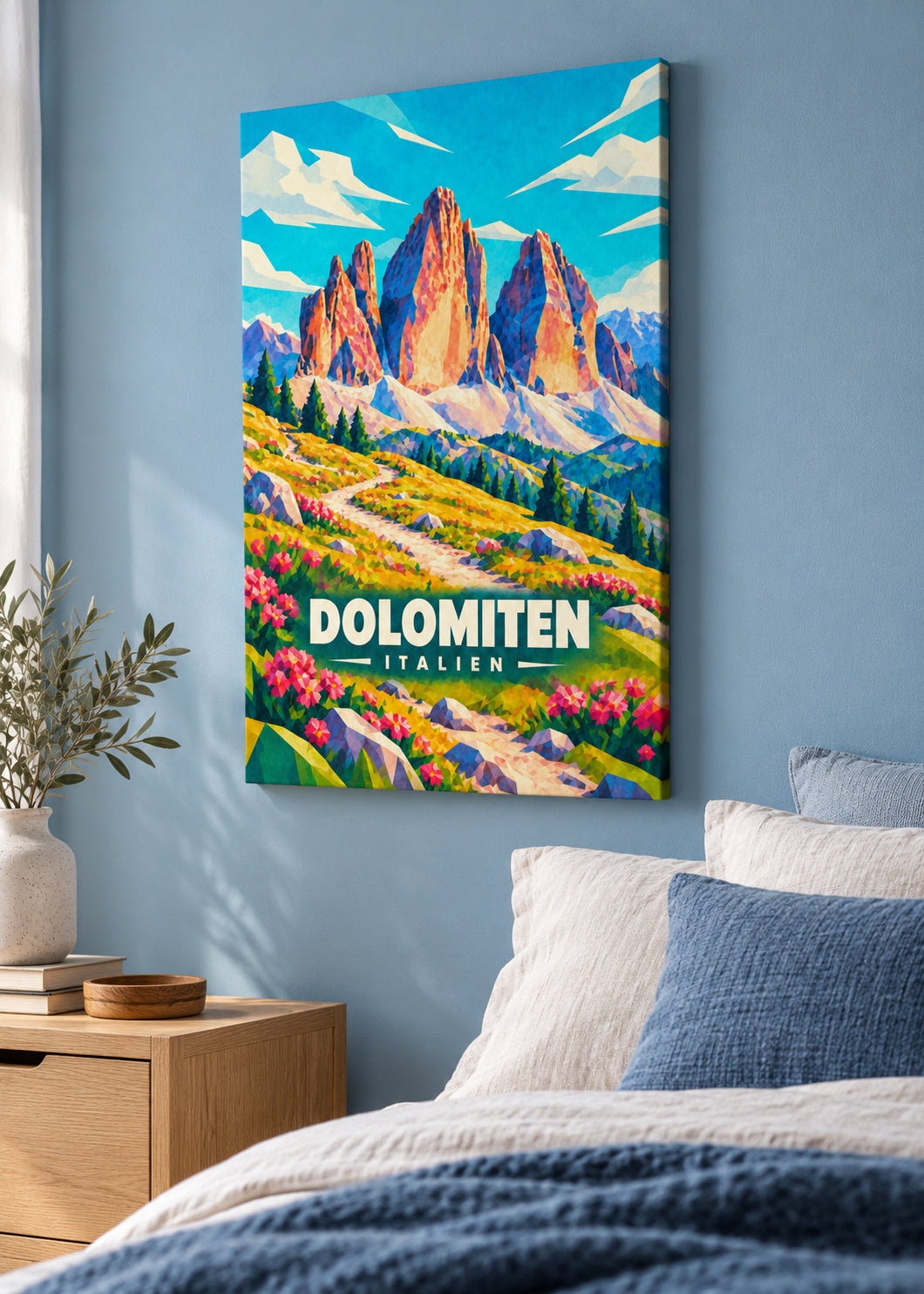 Dolomiten – Rahmenlose Slim-Leinwand im modernen Raum