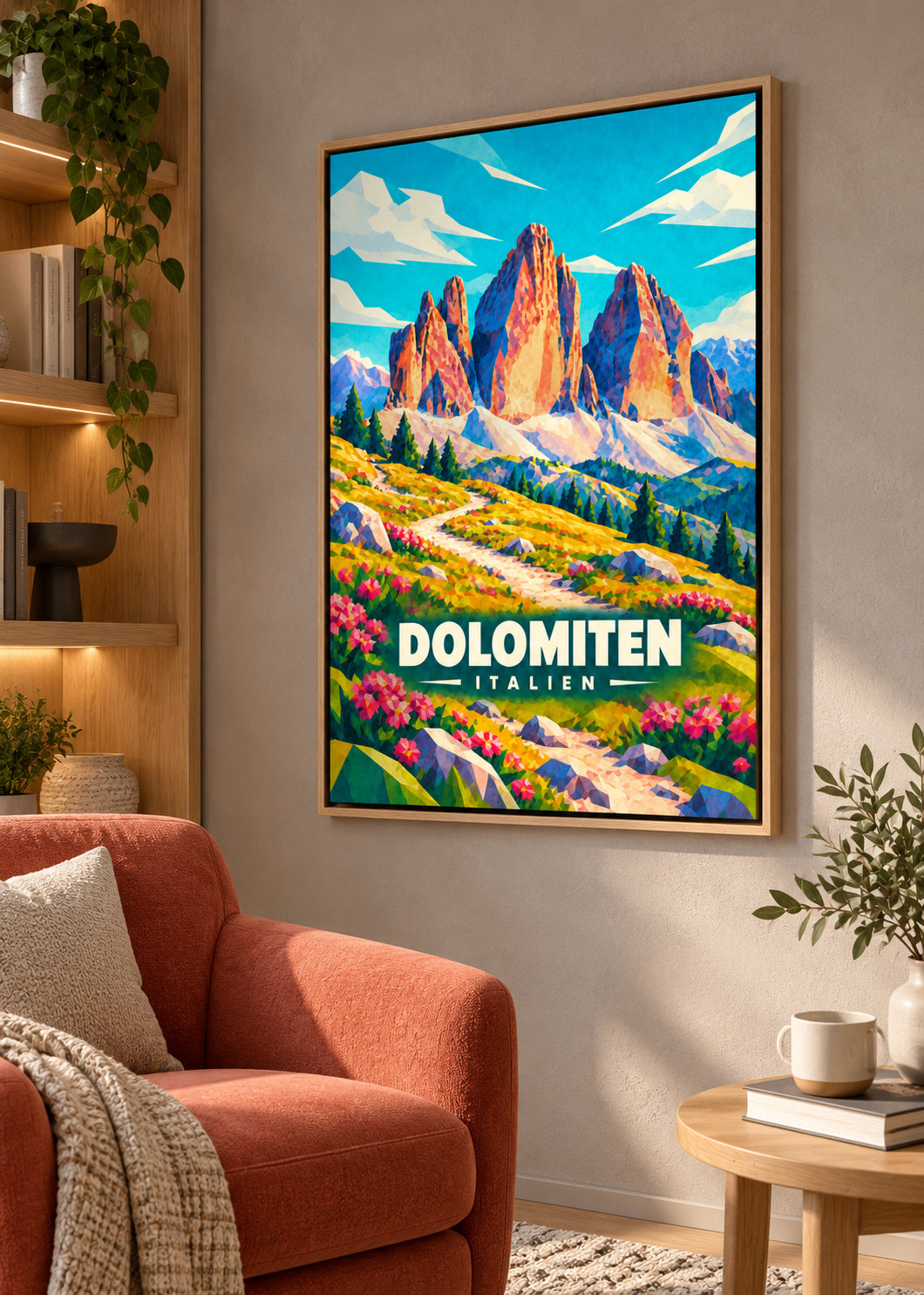 Dolomiten – Leinwand im Naturholz-Schattenfugenrahmen
