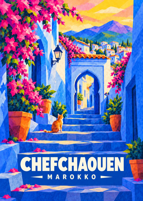 Chefchaouen, Marokko – geometrische Reiseillustration