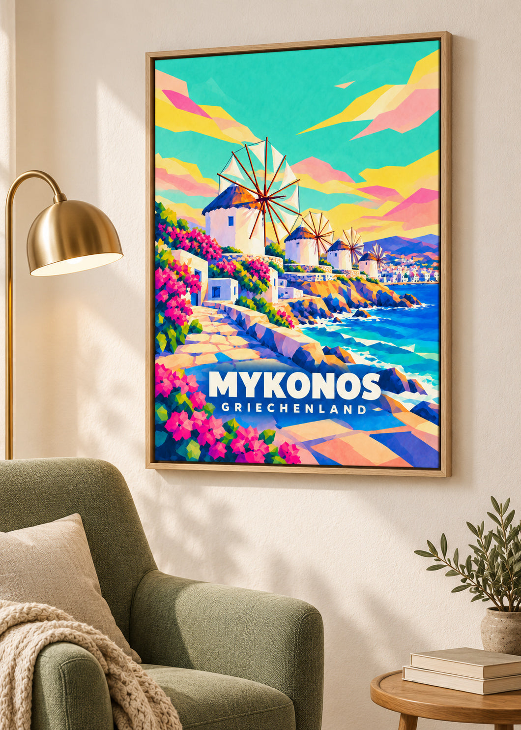 Mykonos, Griechenland – Leinwand im Naturholz-Schattenfugenrahmen