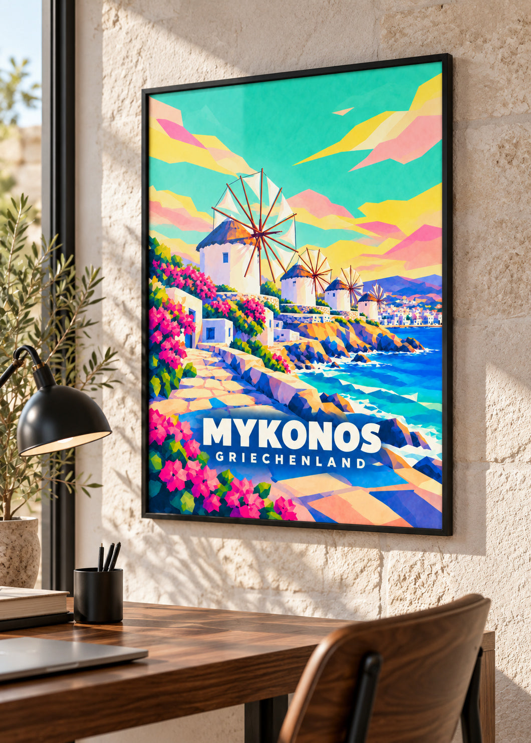 Mykonos, Griechenland – schwarzer Rahmen mit Acrylglas