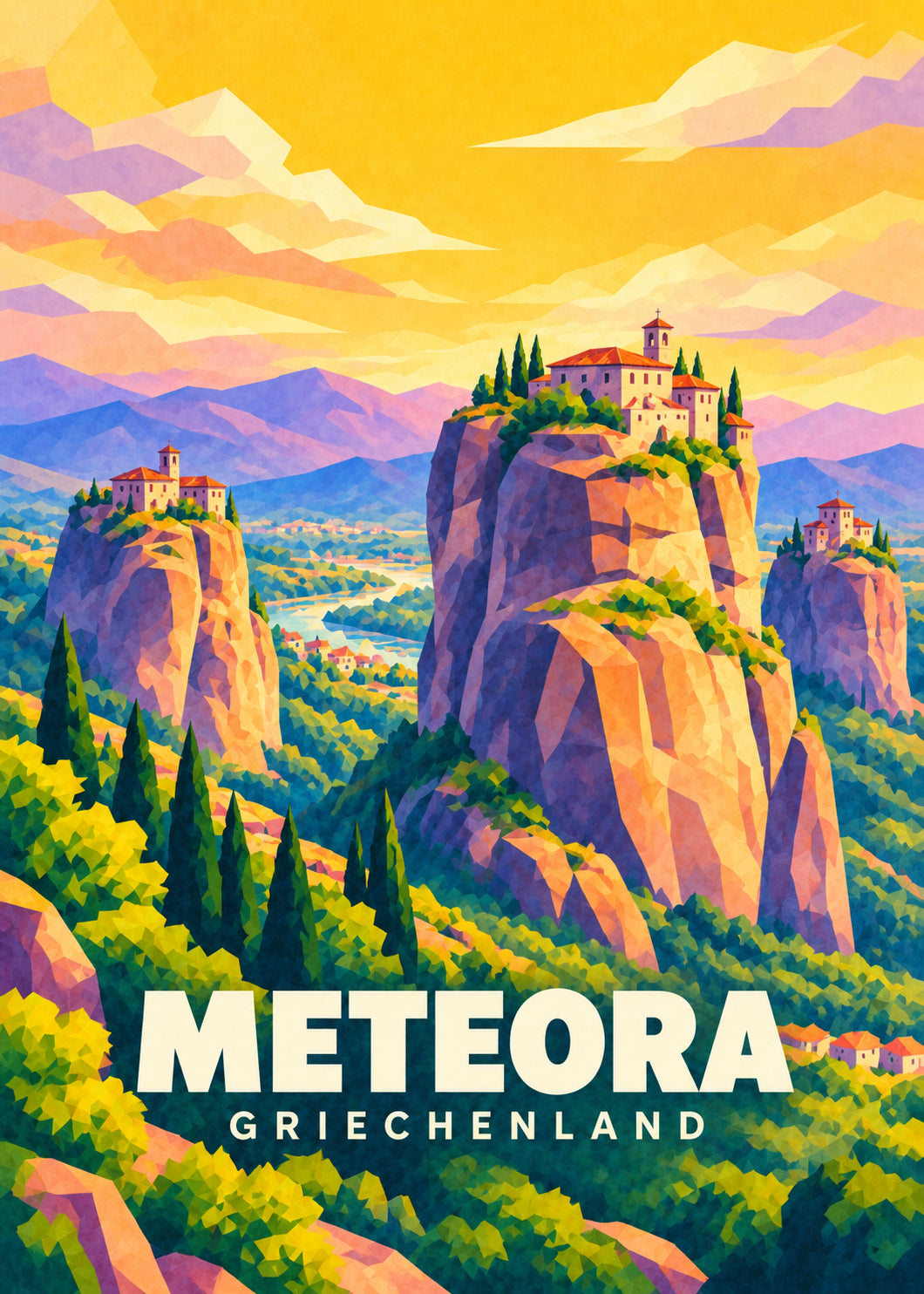 Meteora, Griechenland – geometrische Reiseillustration