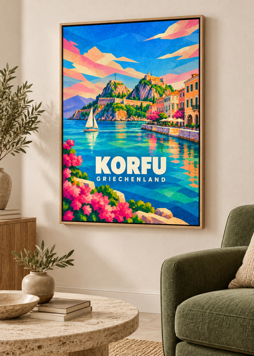 Korfu, Griechenland – Leinwand im Naturholz-Schattenfugenrahmen