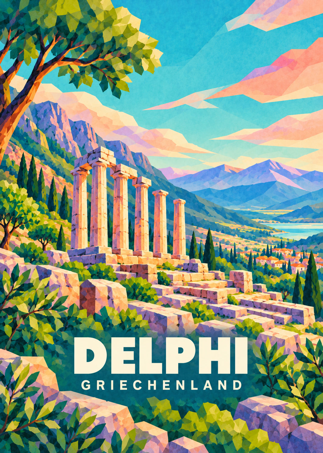 Delphi, Griechenland – geometrische Reiseillustration
