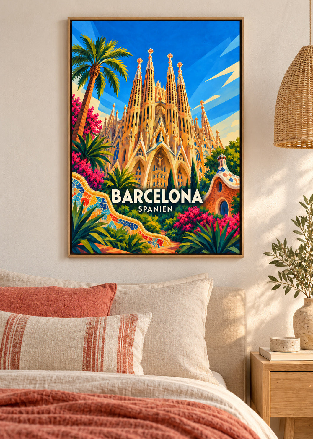 Barcelona – Naturholz-Schattenfugenrahmen – geometrische Illustration Spanien