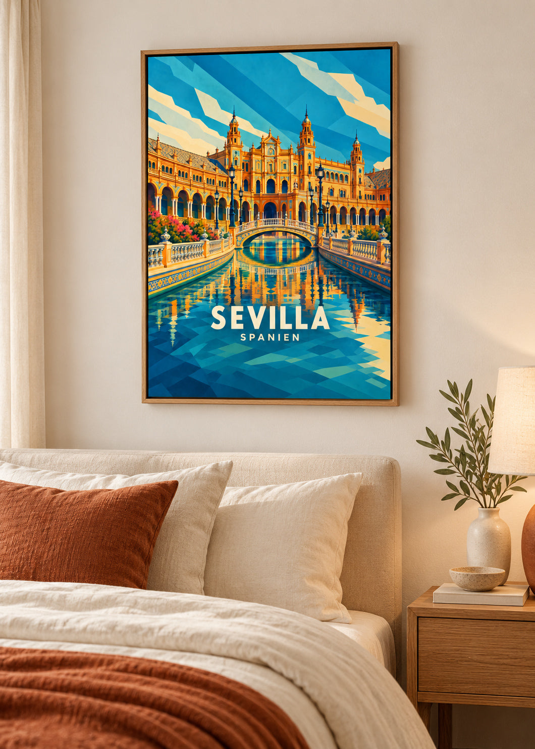 Sevilla – Naturholz-Schattenfugenrahmen – geometrische Illustration Spanien