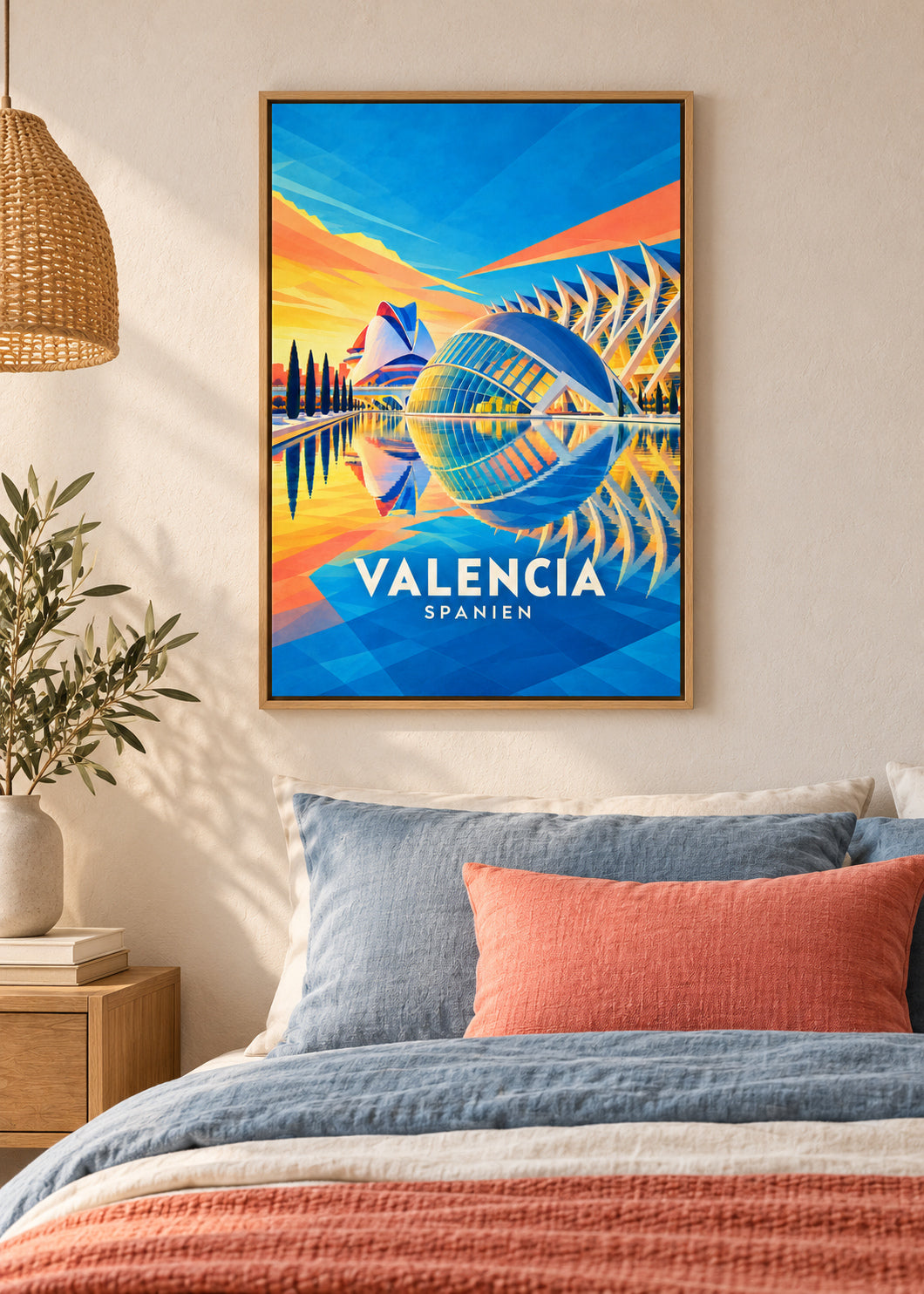 Valencia – Naturholz-Schattenfugenrahmen – geometrische Illustration Spanien