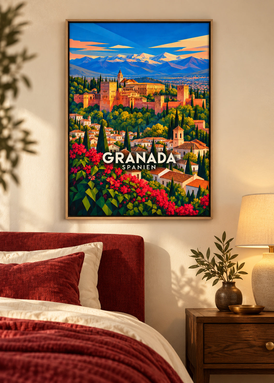 Granada – Naturholz-Schattenfugenrahmen – geometrische Illustration Spanien