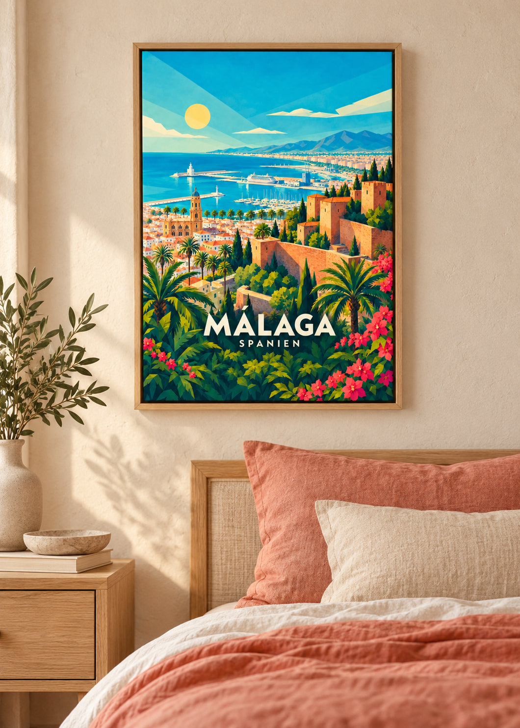 Málaga – Naturholz-Schattenfugenrahmen – geometrische Illustration Spanien