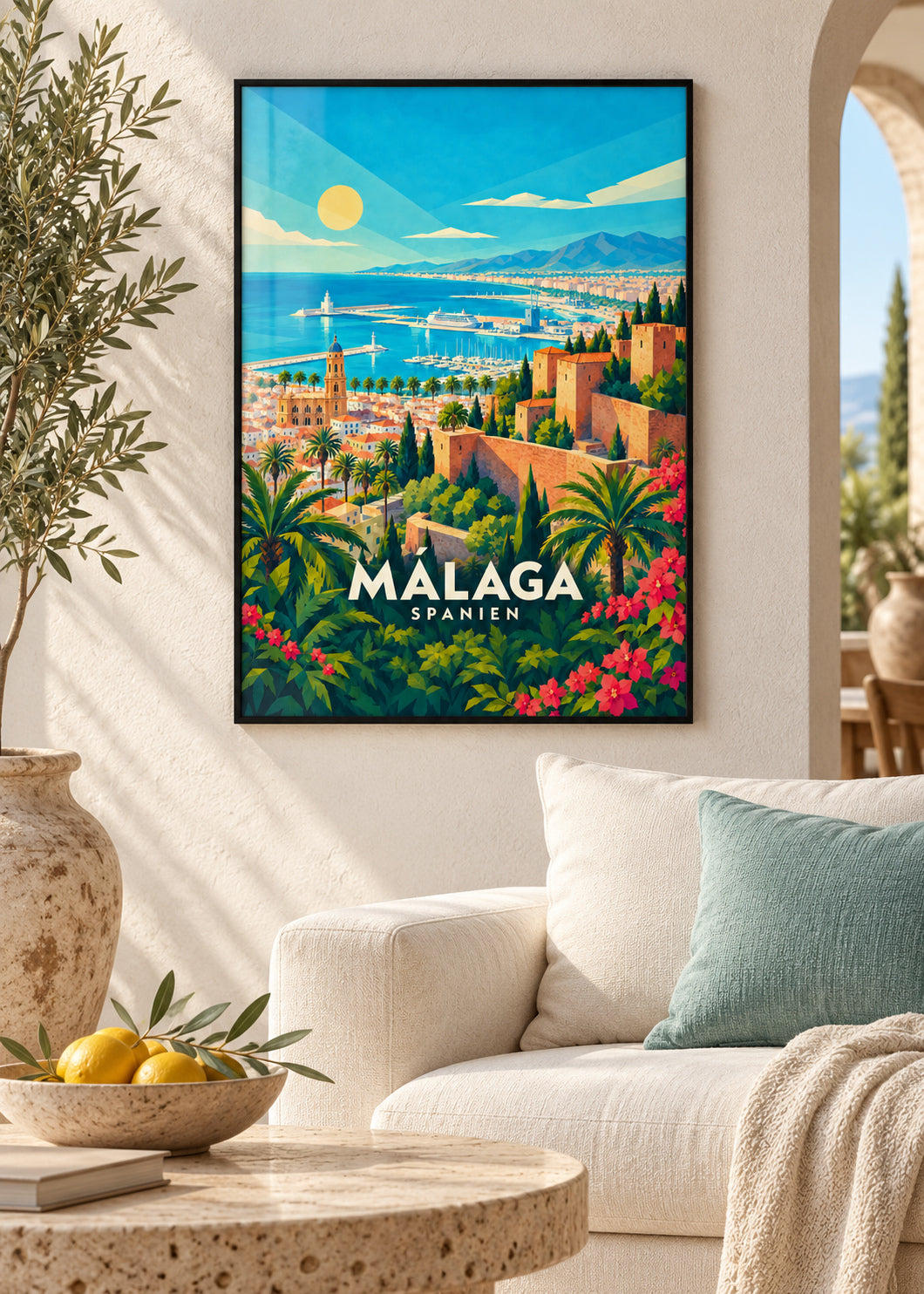Málaga – schwarzer Rahmen – geometrische Illustration Spanien