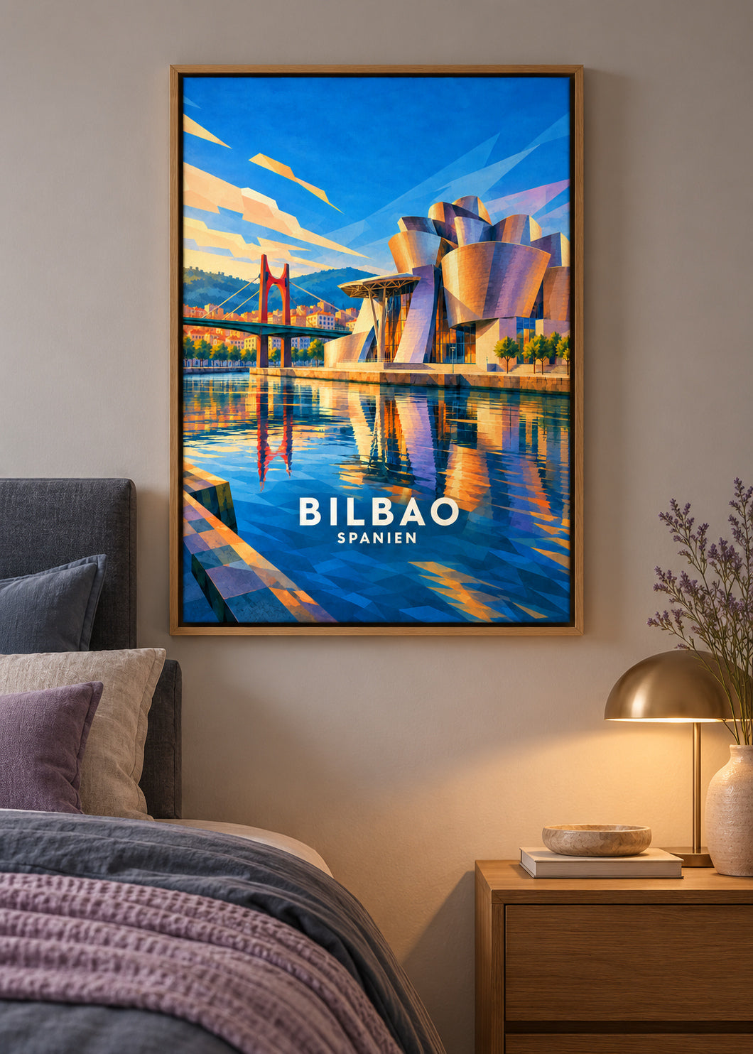 Bilbao – Naturholz-Schattenfugenrahmen – geometrische Illustration Spanien