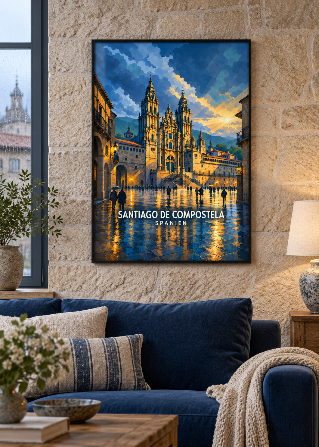 Santiago de Compostela – schwarzer Rahmen – geometrische Illustration Spanien