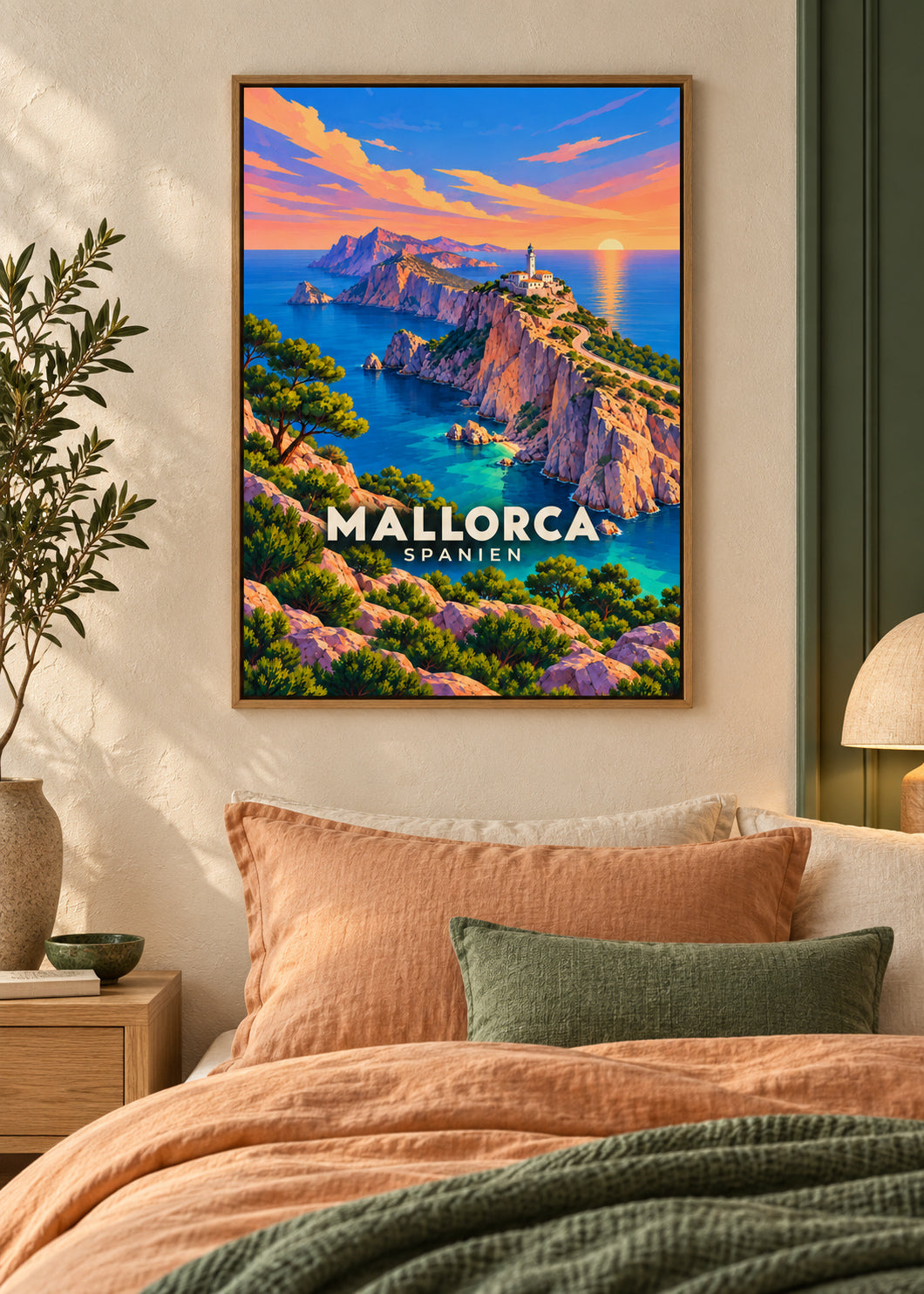 Mallorca – Naturholz-Schattenfugenrahmen – geometrische Illustration Spanien