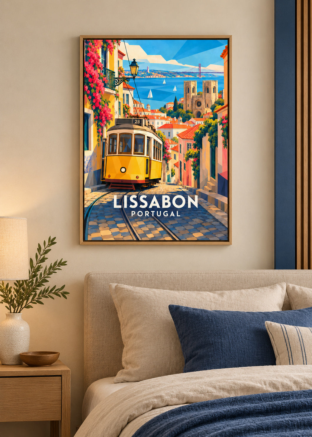 Lissabon – Naturholz-Schattenfugenrahmen – geometrische Illustration Portugal