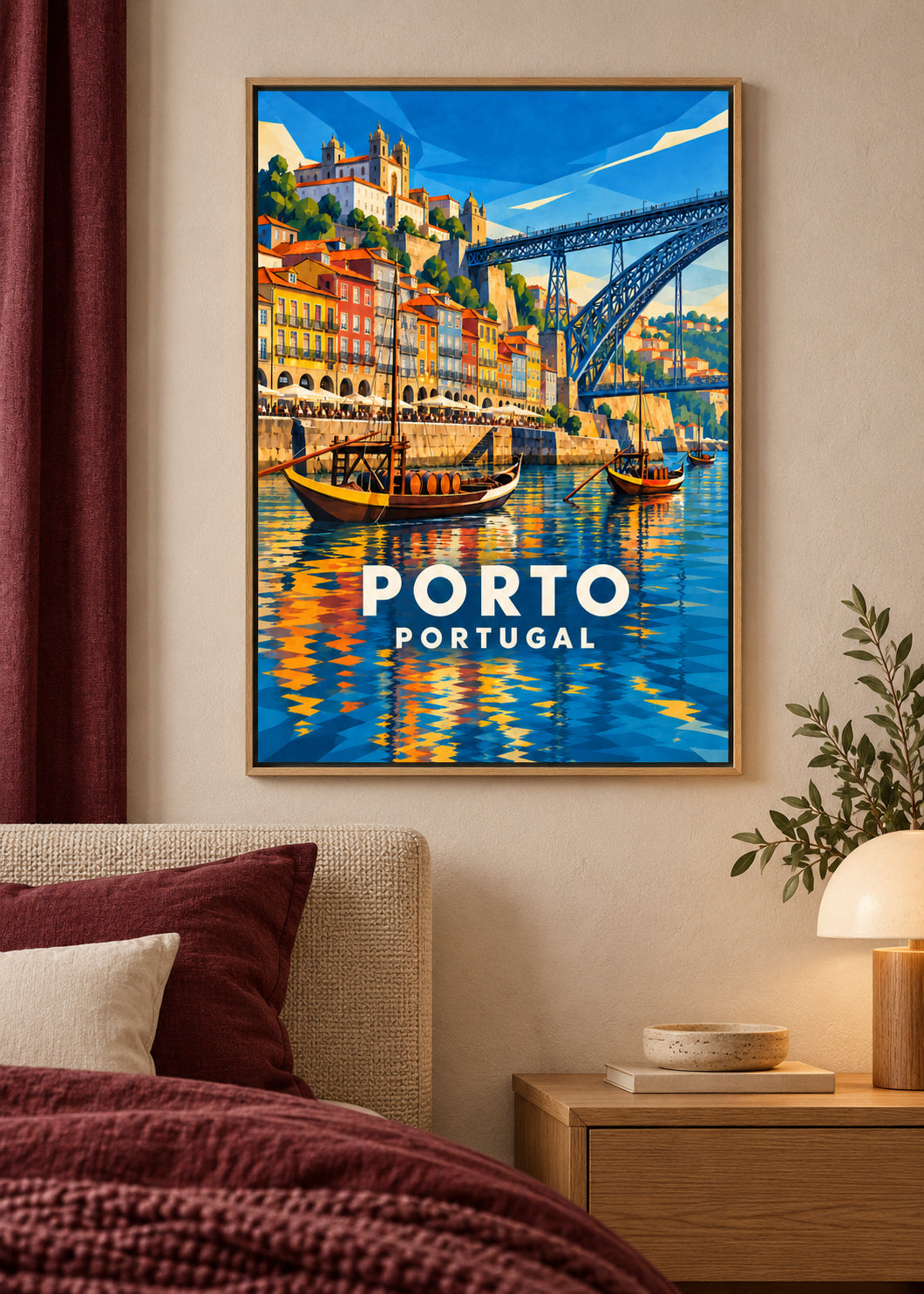 Porto – Naturholz-Schattenfugenrahmen – geometrische Illustration Portugal