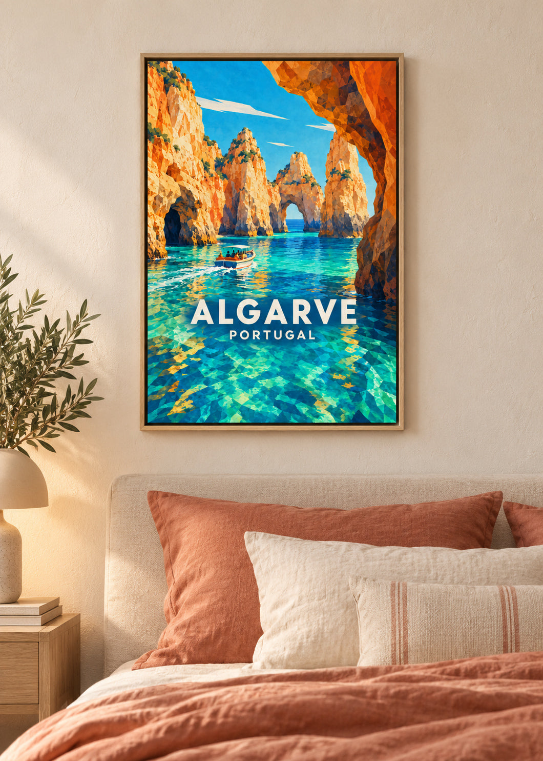 Algarve – Naturholz-Schattenfugenrahmen – geometrische Illustration Portugal