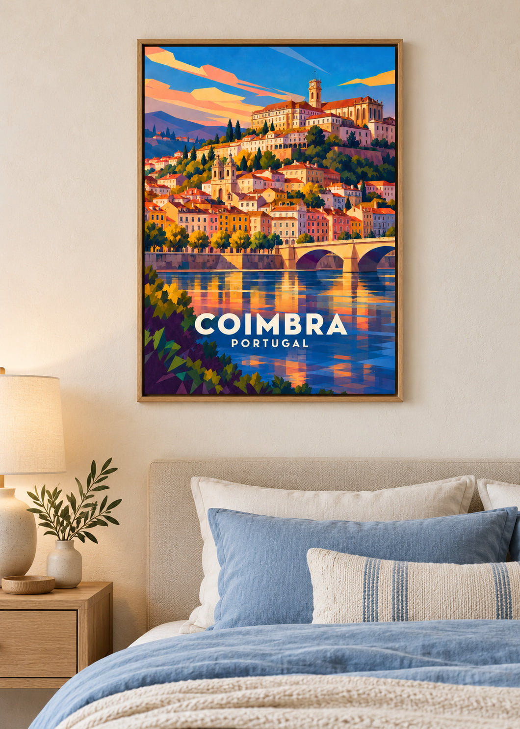Coimbra – Naturholz-Schattenfugenrahmen – geometrische Illustration Portugal