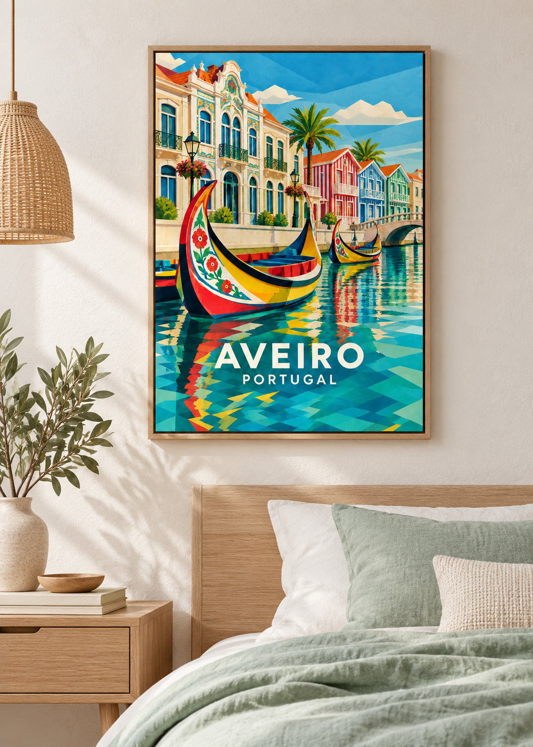 Aveiro – Naturholz-Schattenfugenrahmen – geometrische Illustration Portugal