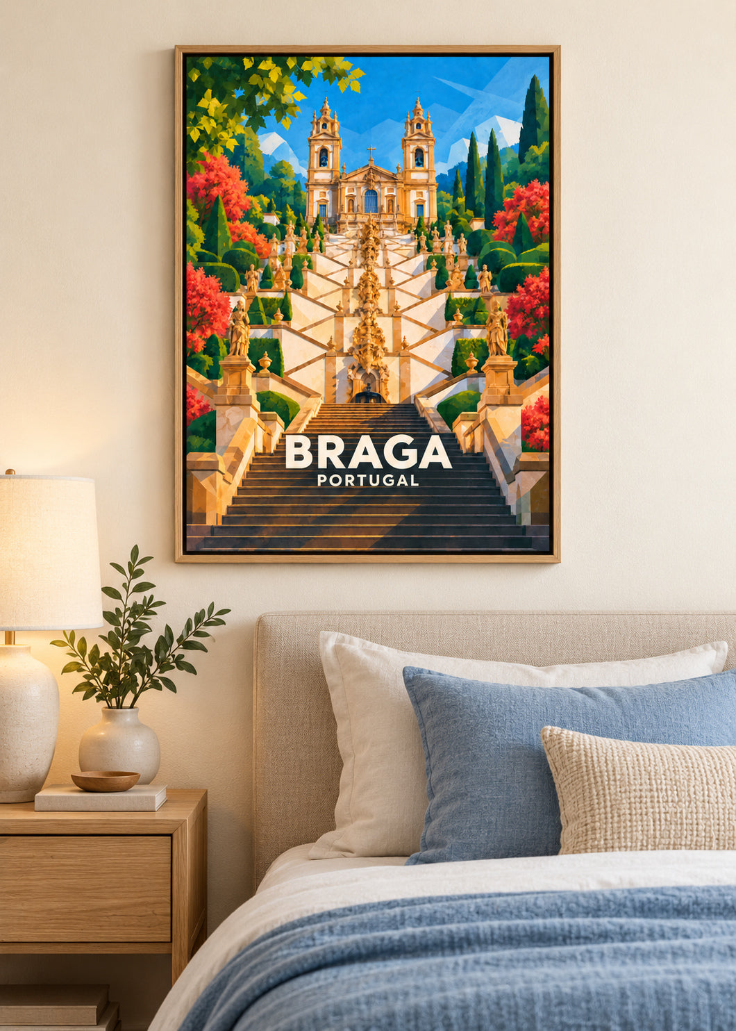 Braga – Naturholz-Schattenfugenrahmen – geometrische Illustration Portugal