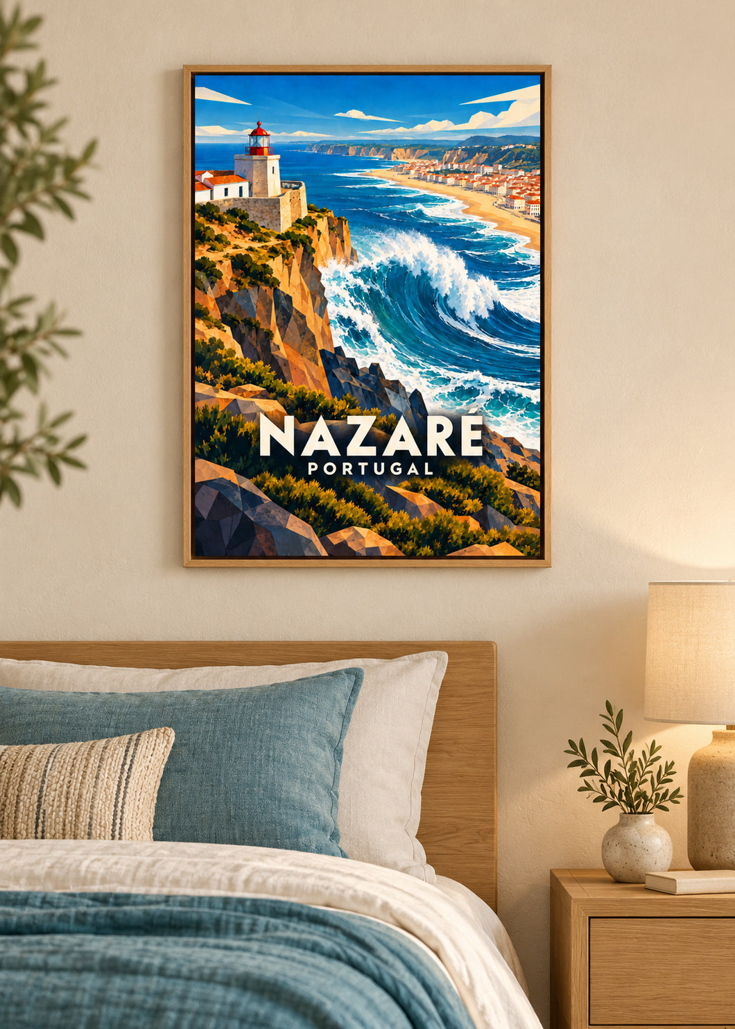 Nazaré – Naturholz-Schattenfugenrahmen – geometrische Illustration Portugal