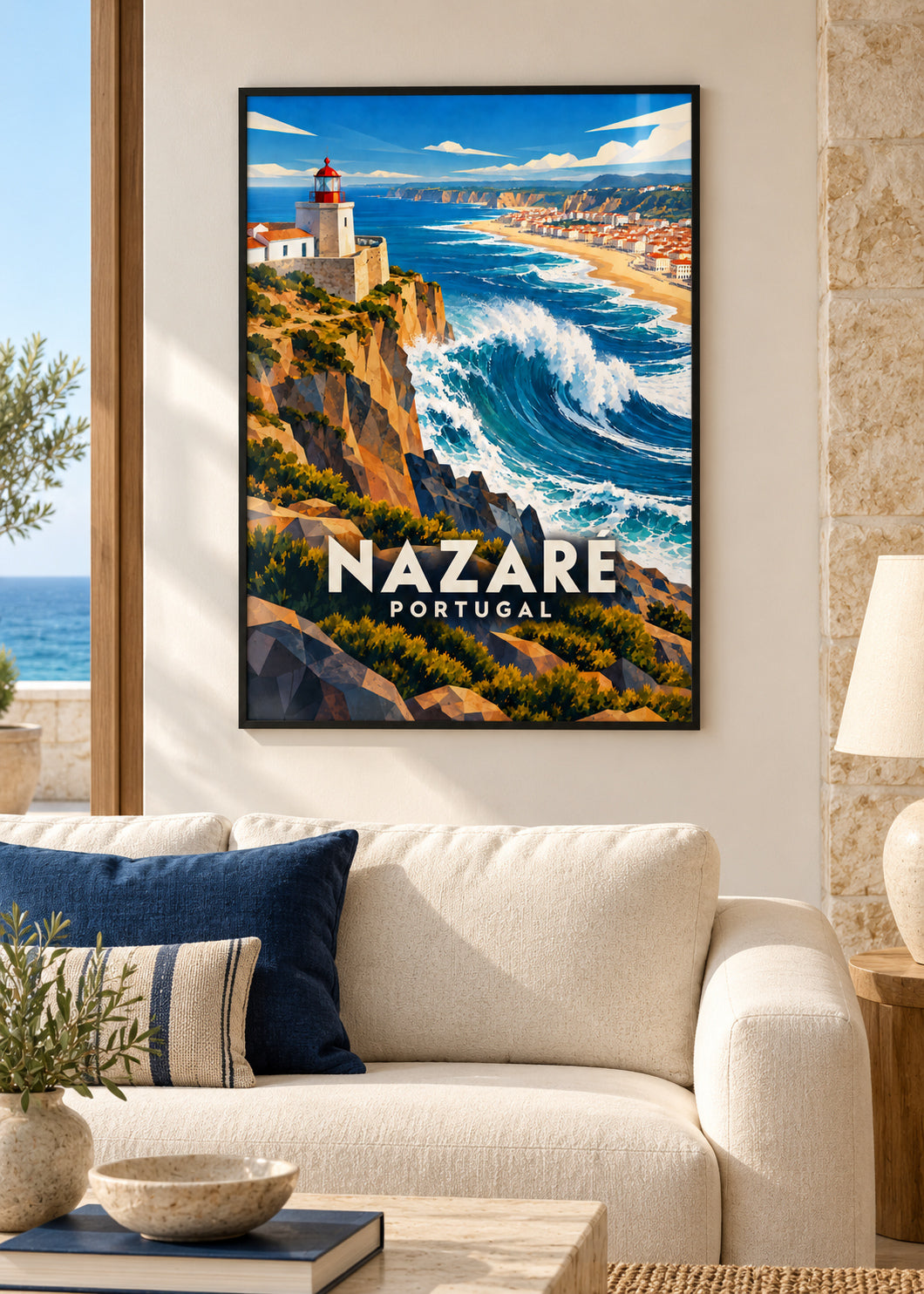 Nazaré – schwarzer Rahmen – geometrische Illustration Portugal