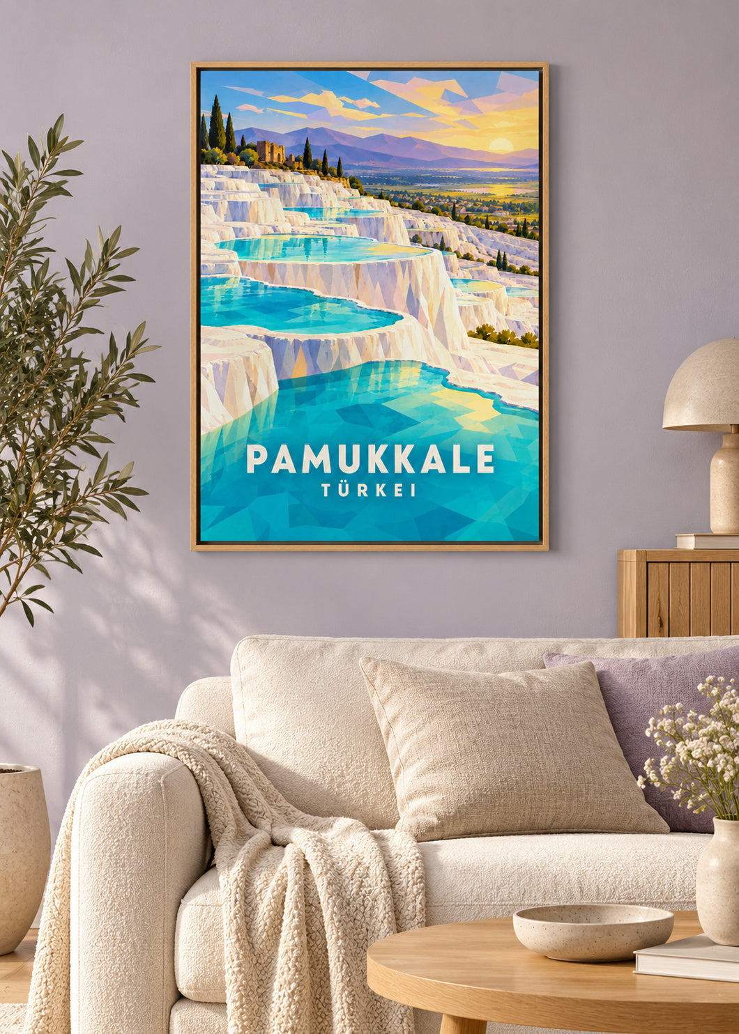 Pamukkale – Naturholz-Schattenfugenrahmen – geometrische Illustration Türkei