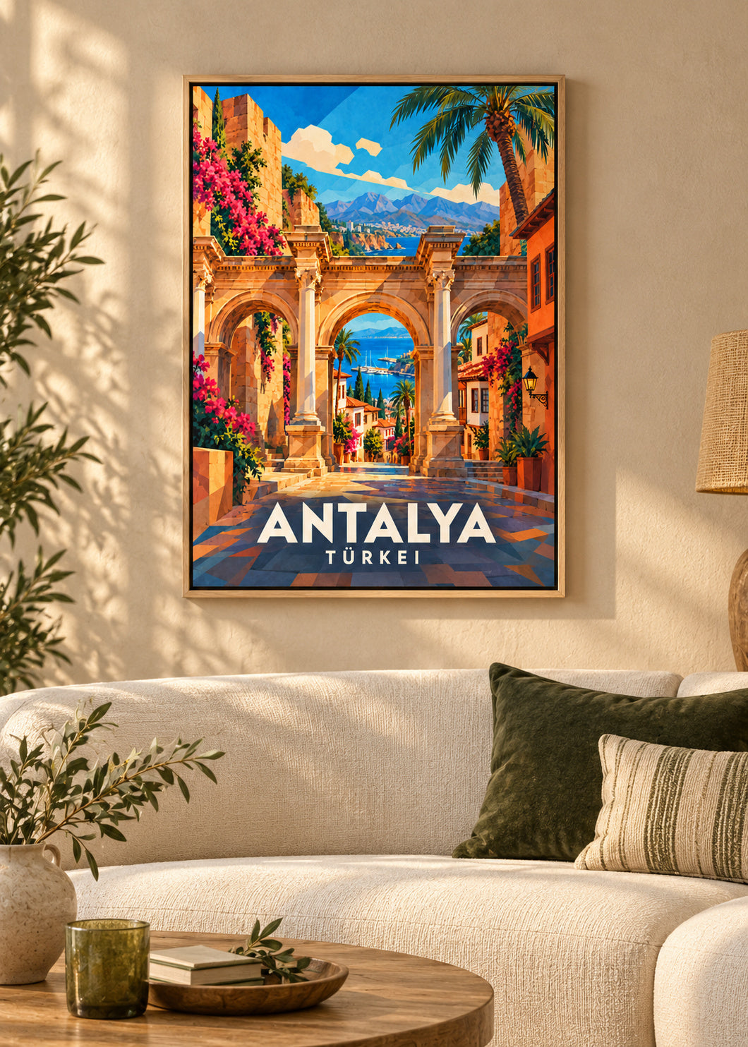 Antalya – Naturholz-Schattenfugenrahmen – geometrische Illustration Türkei