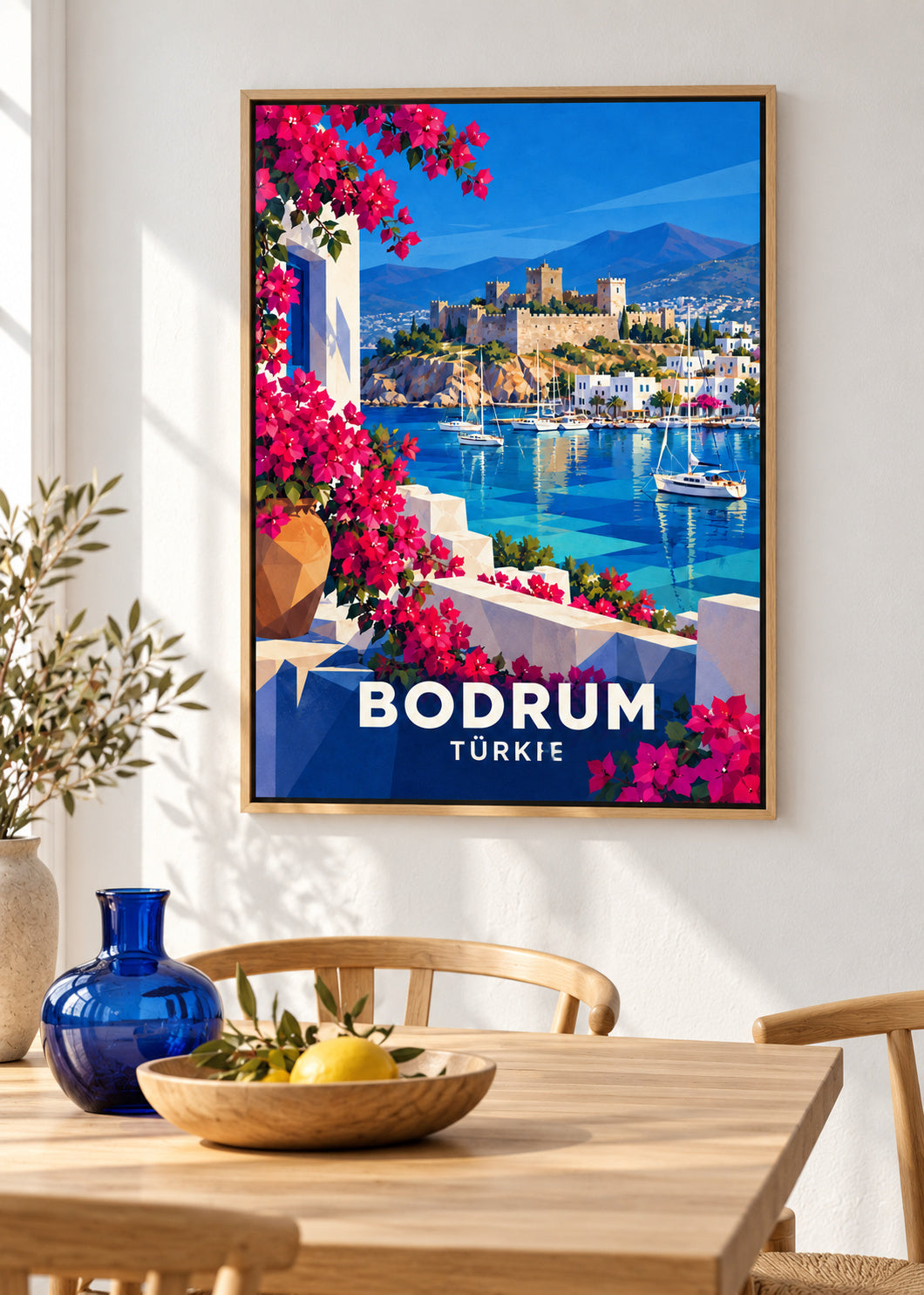 Bodrum – Naturholz-Schattenfugenrahmen – geometrische Illustration Türkei