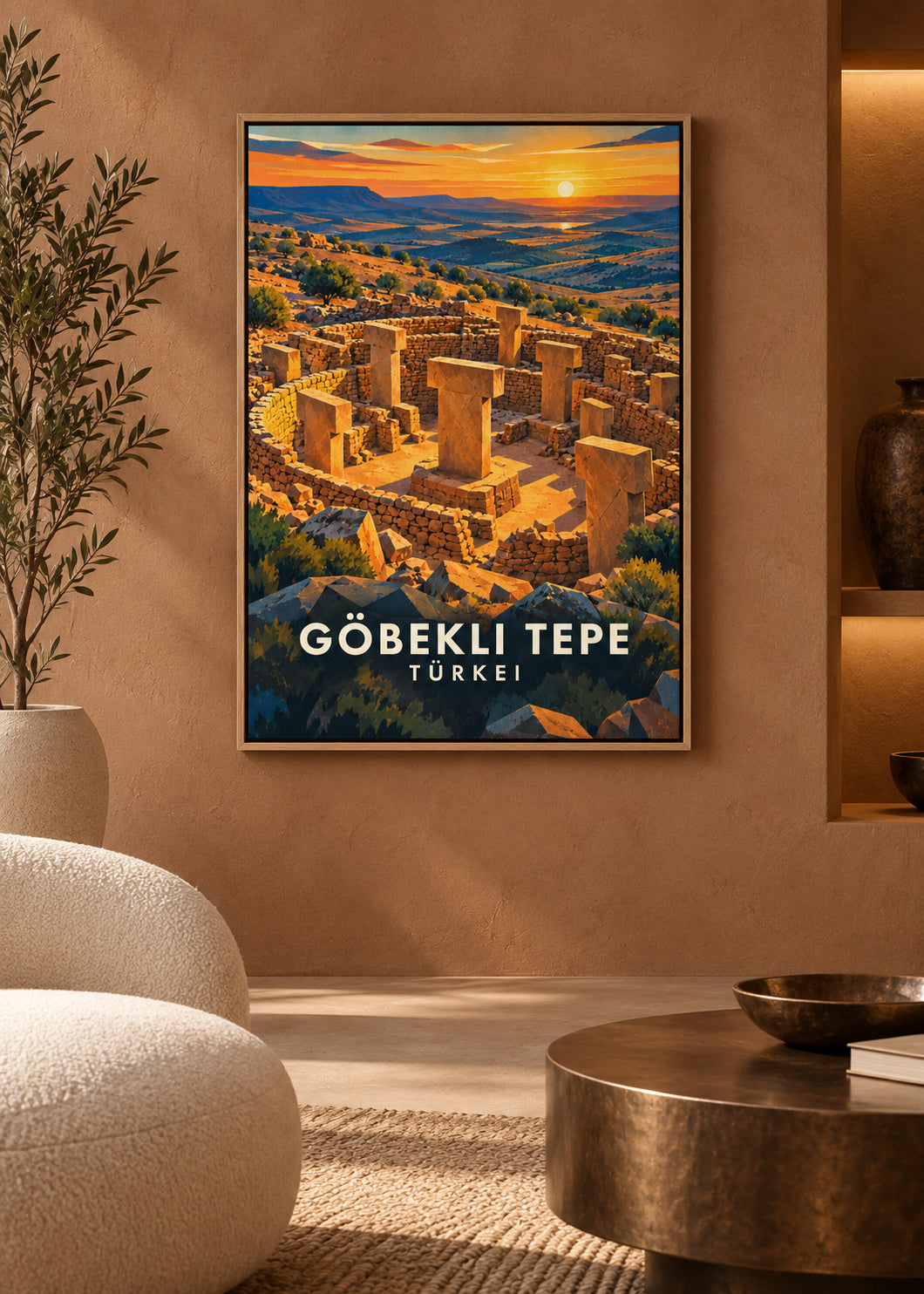 Göbekli Tepe – Naturholz-Schattenfugenrahmen – geometrische Illustration Türkei