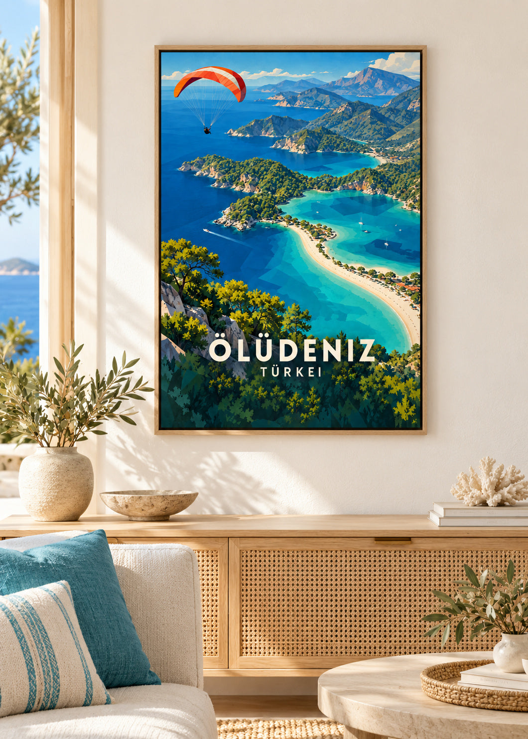 Ölüdeniz – Naturholz-Schattenfugenrahmen – geometrische Illustration Türkei