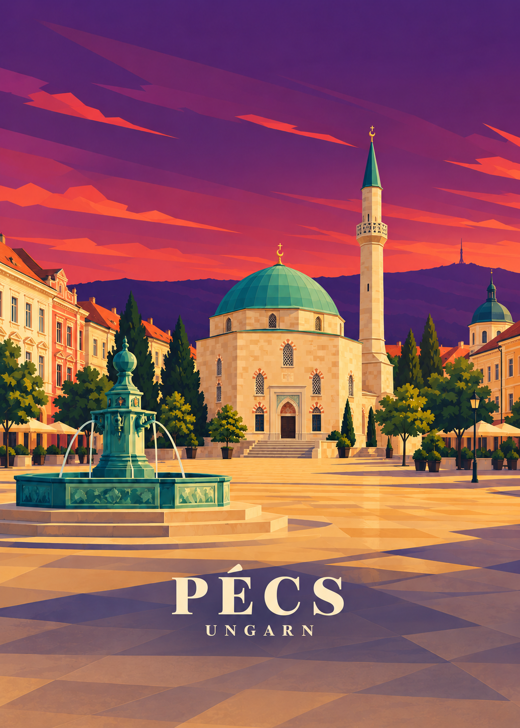 Geometrische Illustration von Pécs mit der ehemaligen Pascha-Kasim-Moschee und dem Széchenyi tér