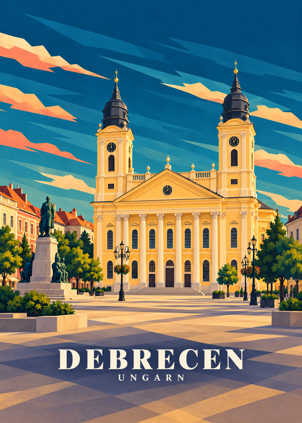 Geometrische Illustration Debrecen mit der Großen Reformierten Kirche am Kossuth-Platz
