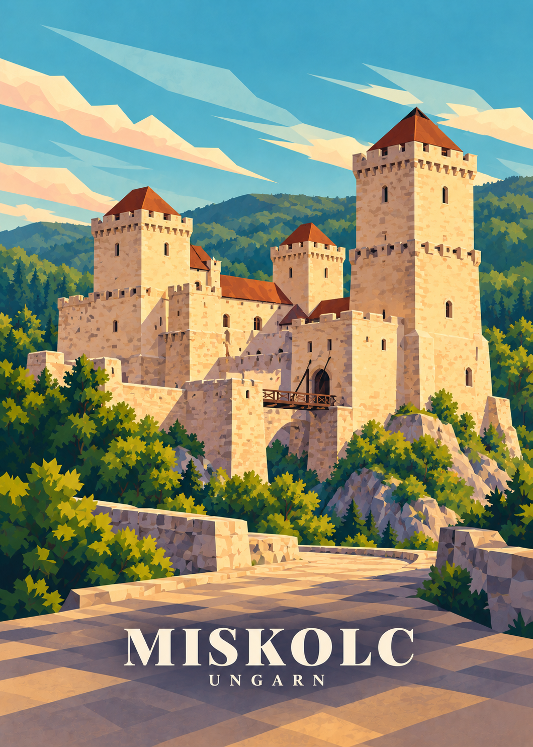 Geometrische Illustration von Miskolc mit Diósgyőr Castle in den Bükk-Hügeln