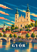 Geometrische Illustration von Győr mit der Basilika und Altstadt am Fluss