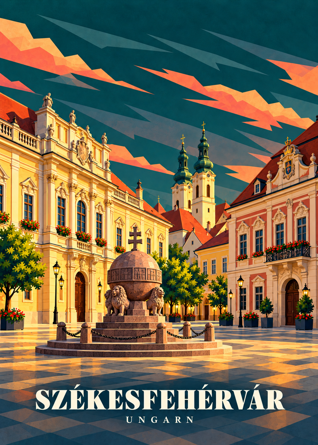 Geometrische Illustration Székesfehérvár mit dem Országalma im Altstadtplatz