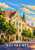 Geometrisches Kecskemét-Reiseplakat mit Cifrapalota, Hauptmotiv, 5:7