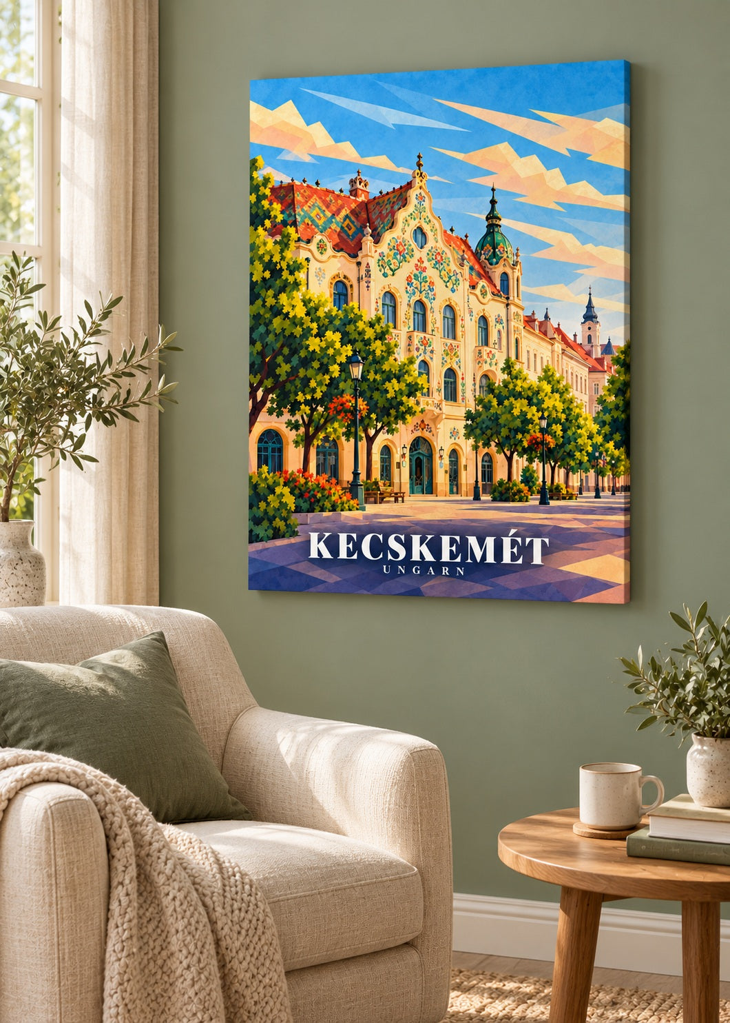 Kecskemét-Reiseplakat als Leinwand im Wohnraum