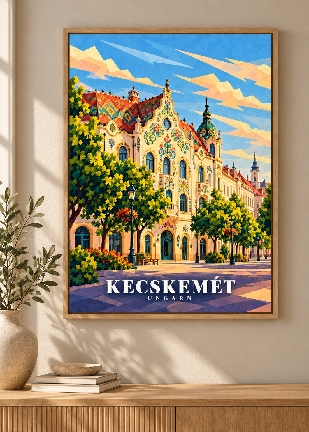 Kecskemét-Reiseplakat im Naturholzrahmen im Wohnraum