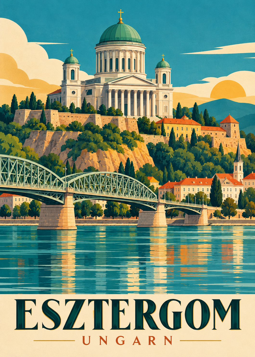 Esztergom Poster mit Basilika, Brücke und Donau