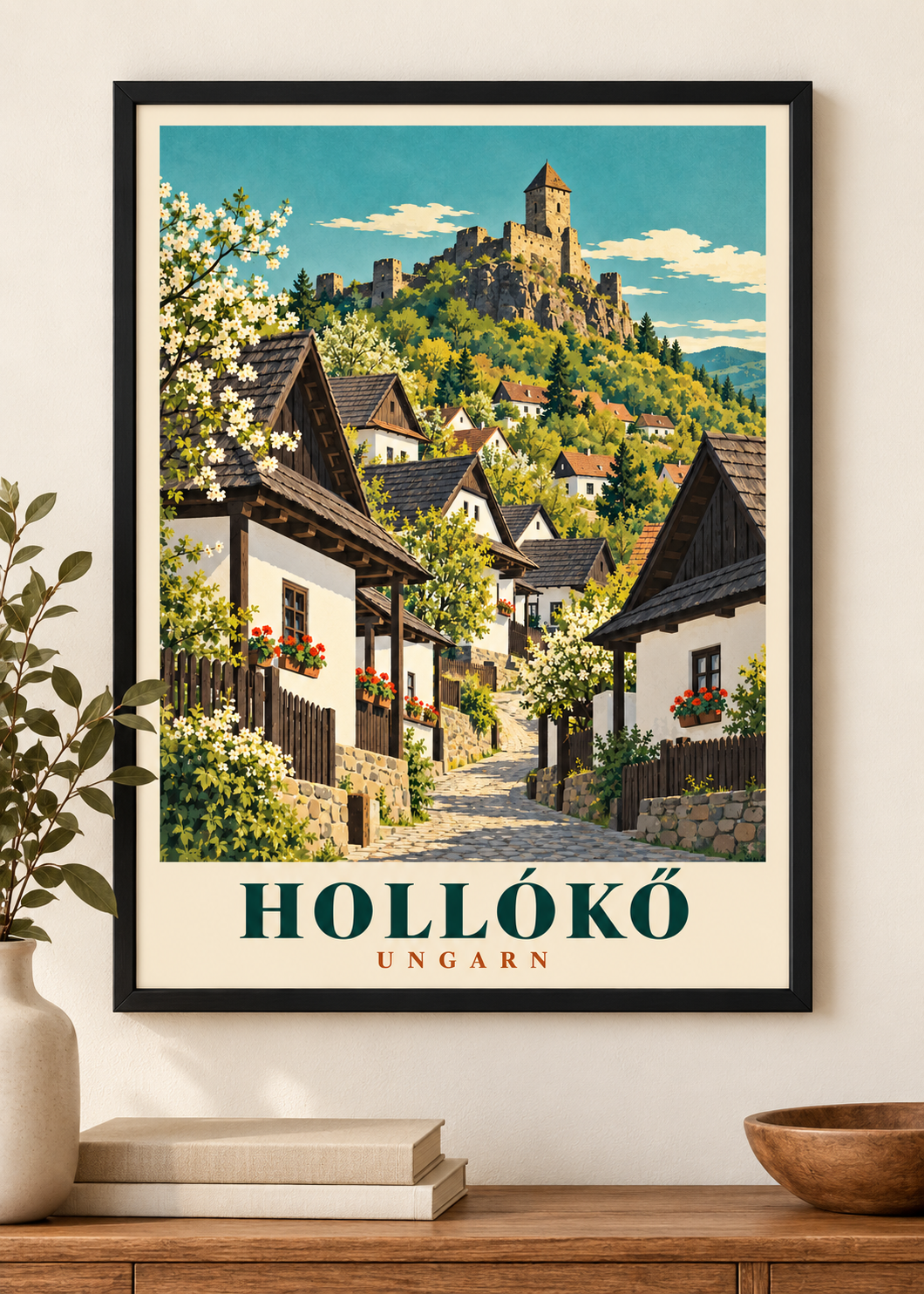 Hollókő Poster im schwarzen Rahmen