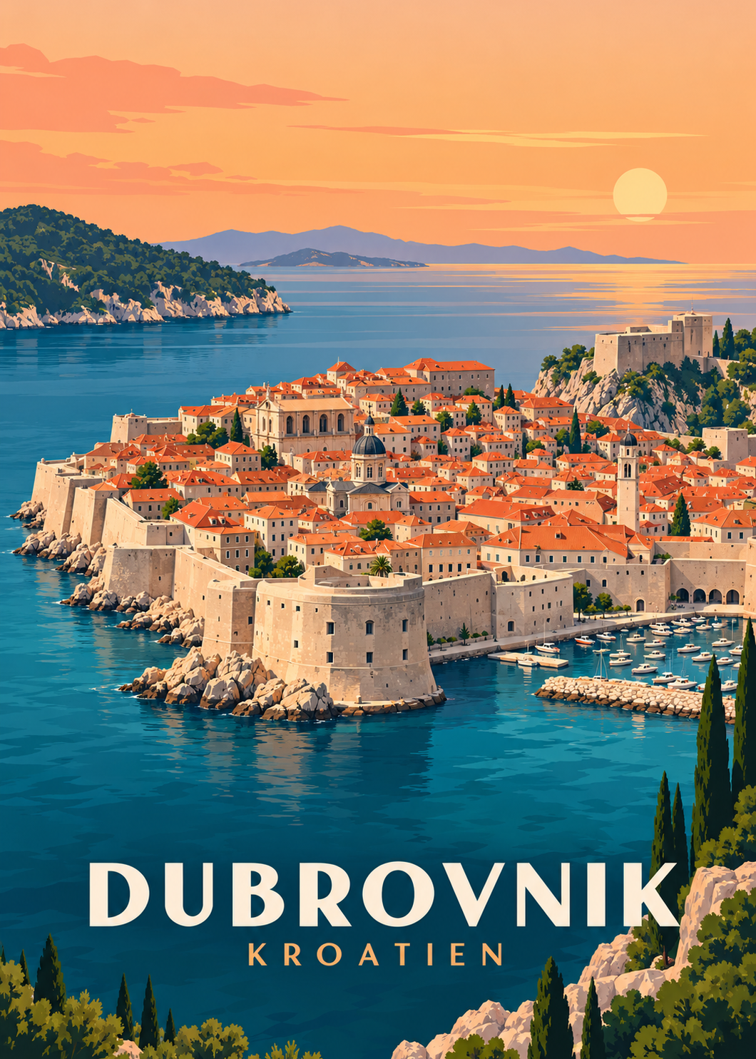 Dubrovnik Kroatien Reiseposter mit Altstadtmauer und Adriaküste