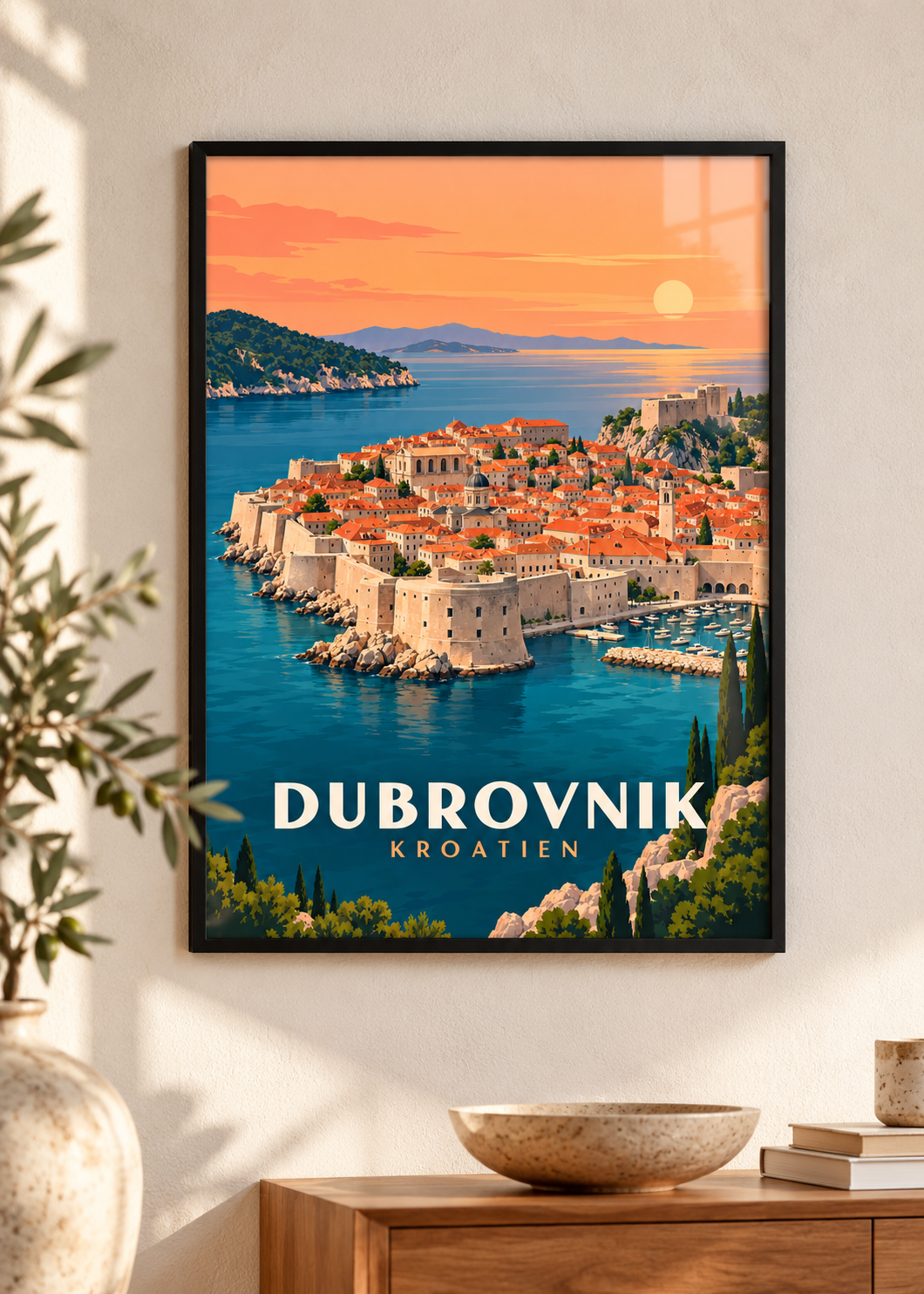 Dubrovnik Poster im mattschwarzen Rahmen an einer Wand