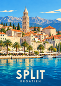Split Reiseposter mit Diokletianpalast, Glockenturm und Adria