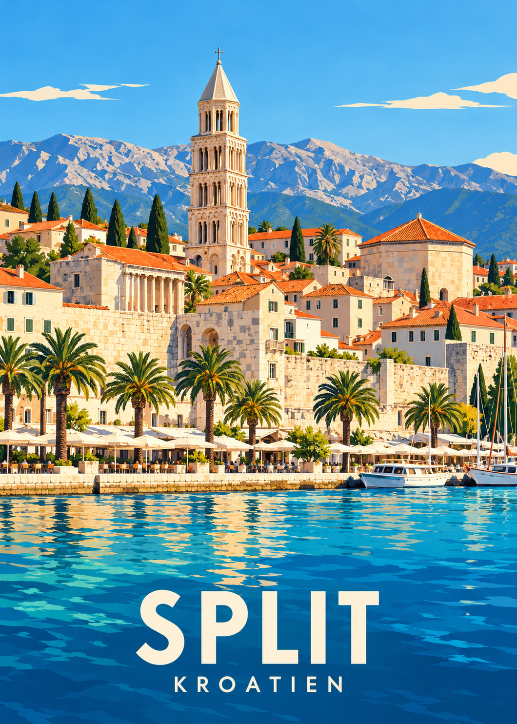 Split Reiseposter mit Diokletianpalast, Glockenturm und Adria