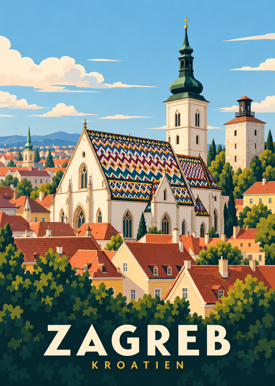Zagreb Reiseposter mit St.-Markus-Kirche und Oberstadt