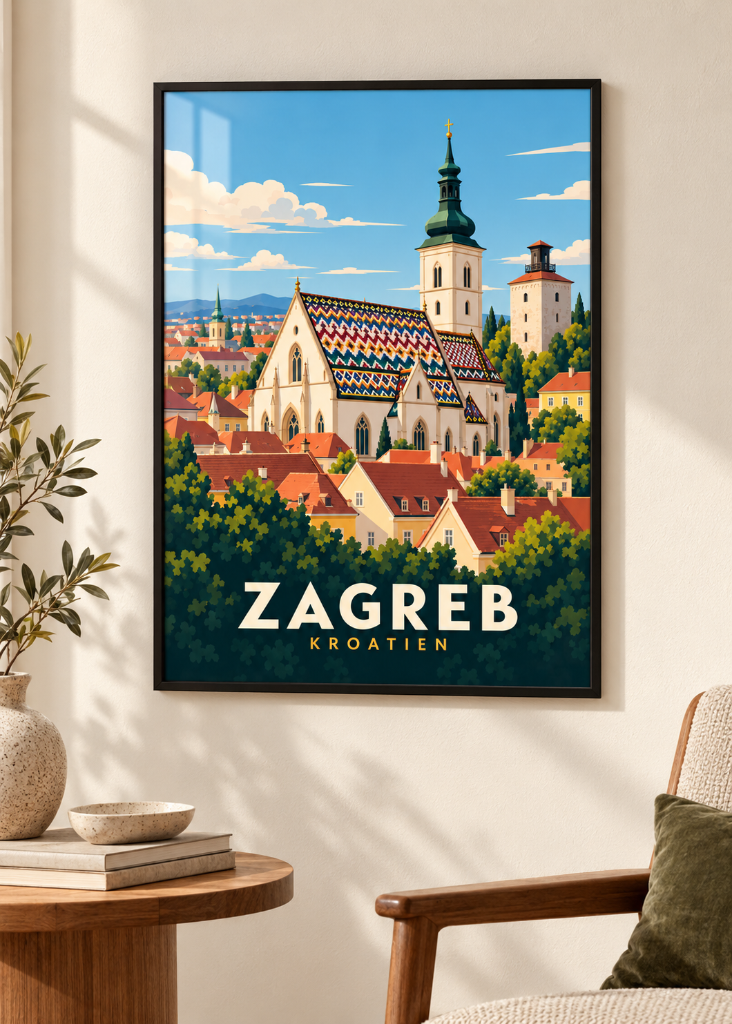 Zagreb als Poster mit schwarzem Rahmen