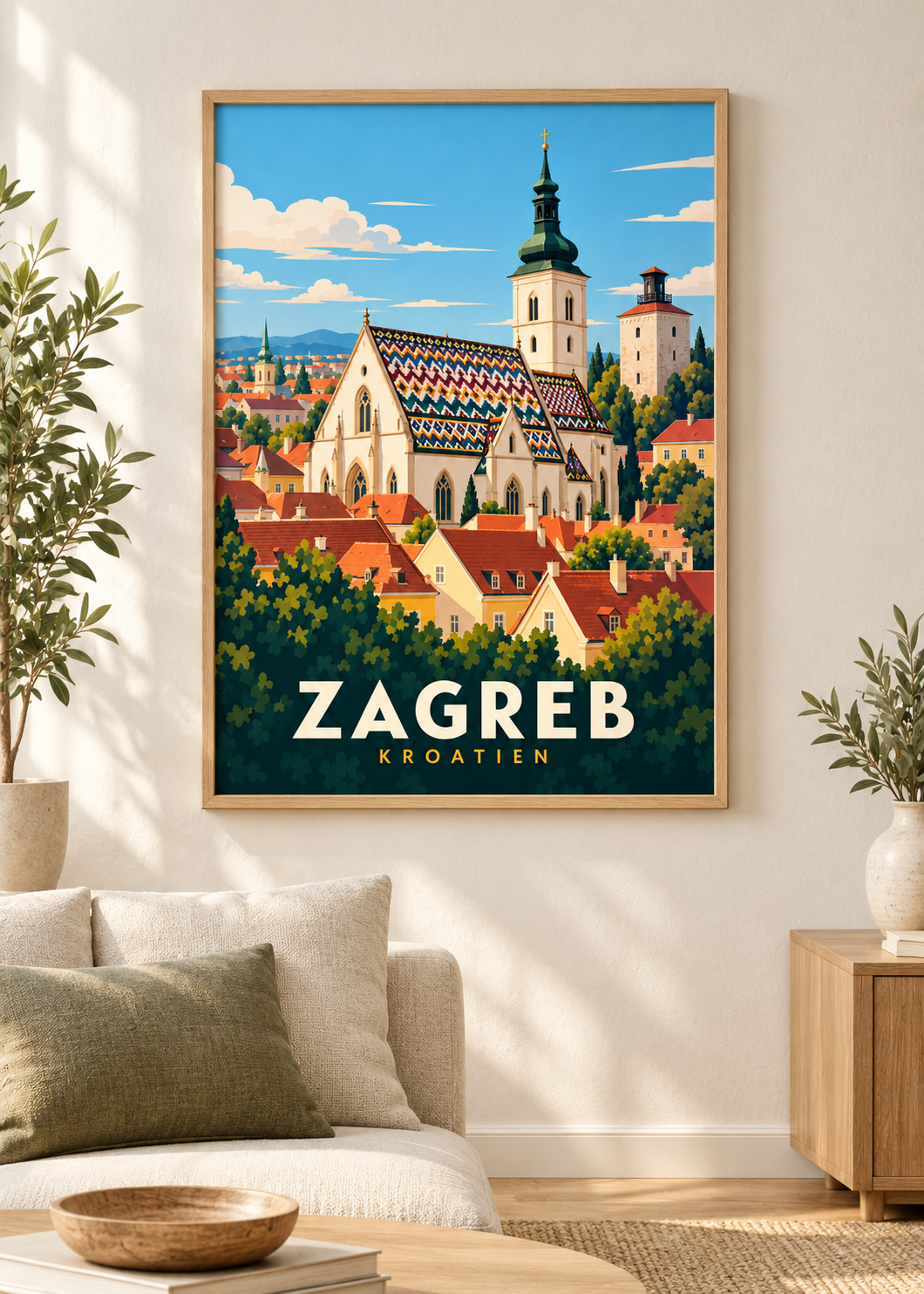 Zagreb als Poster mit Naturholzrahmen