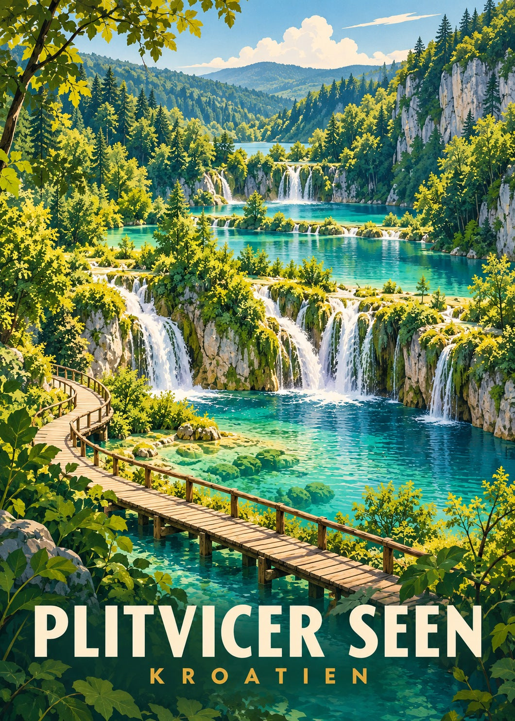Plitvicer Seen Reiseposter mit türkisfarbenen Kaskaden und Holzsteg