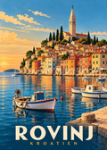 Rovinj Reiseposter mit Adriatikhafen und der Kirche der heiligen Euphemia