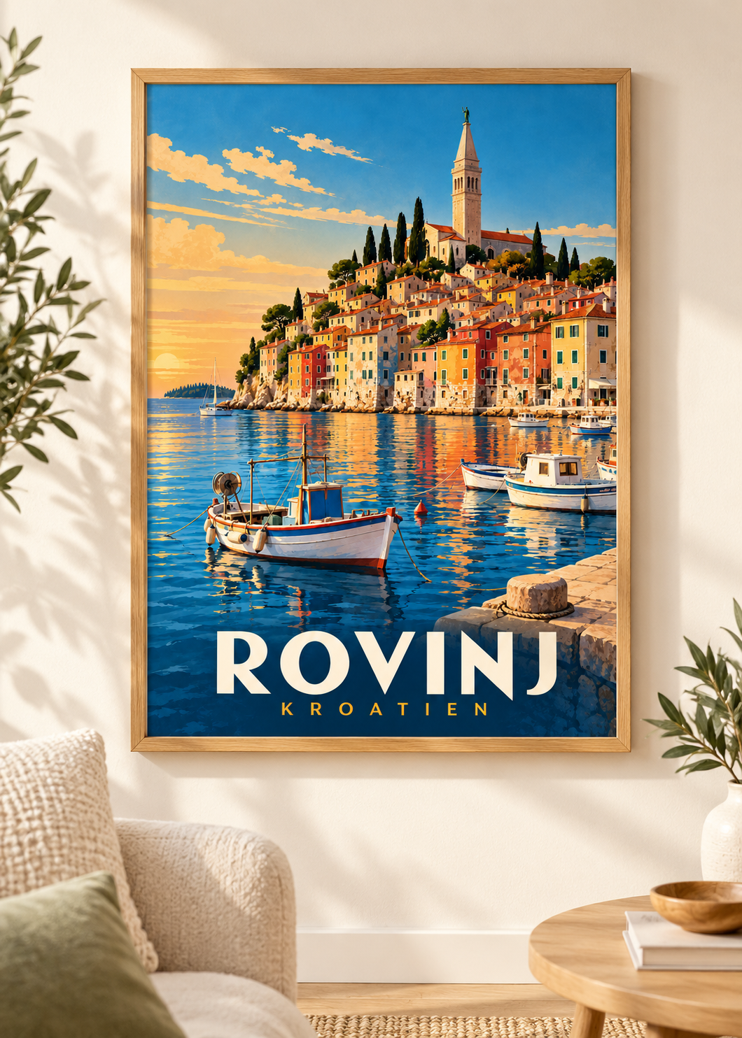 Rovinj als Poster mit Naturholzrahmen